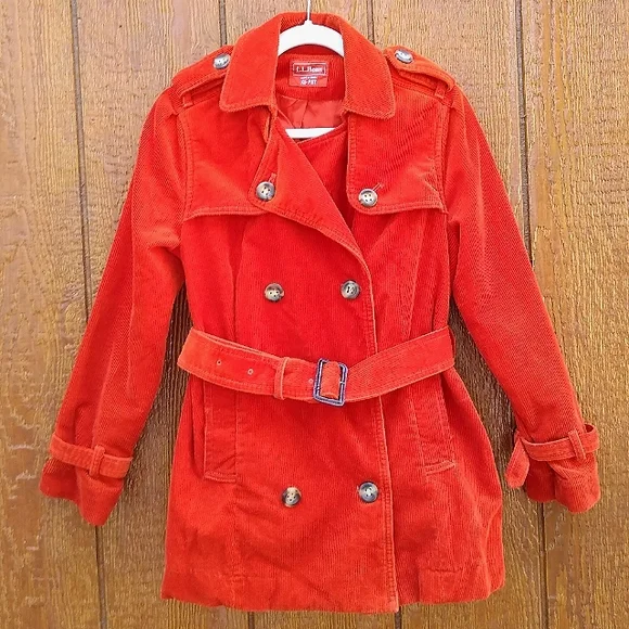 L.L. Bean Burnt Orange Corduroy Belted Trench Coat Pea Coat Size XS Petite - Picture 1 of 15